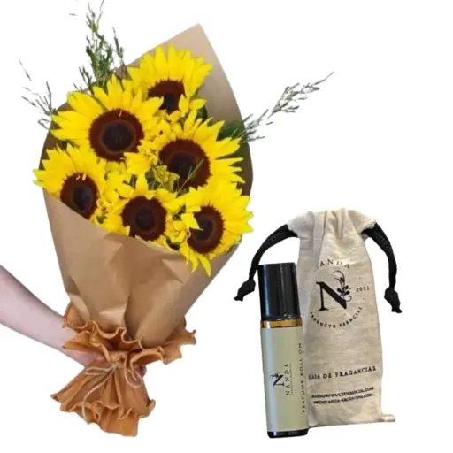 Ramo de 6 flores girasoles con perfume roll on